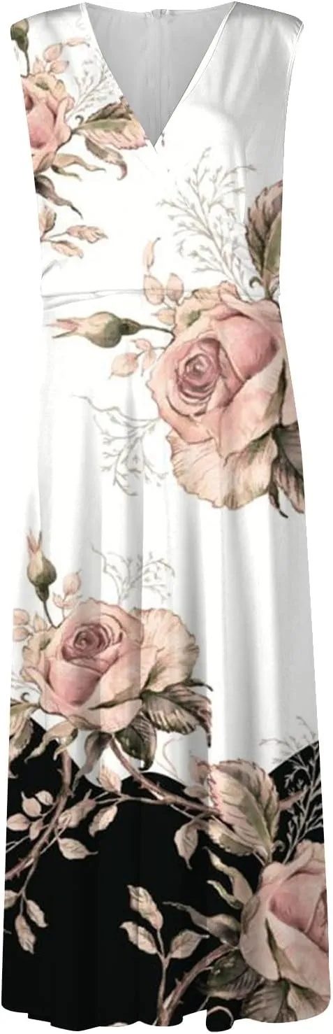 Womens Dresses Flowy Ruched Floral Print Boho Dress Wrap V Neck Sleeveless Sundress Elegant Beach Dresses