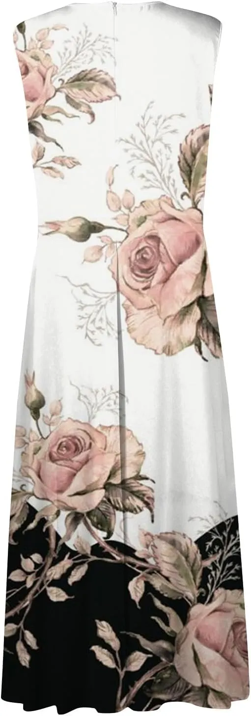 Womens Dresses Flowy Ruched Floral Print Boho Dress Wrap V Neck Sleeveless Sundress Elegant Beach Dresses