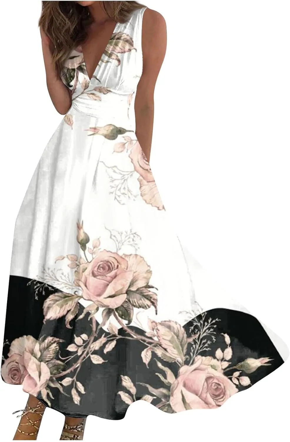 Womens Dresses Flowy Ruched Floral Print Boho Dress Wrap V Neck Sleeveless Sundress Elegant Beach Dresses