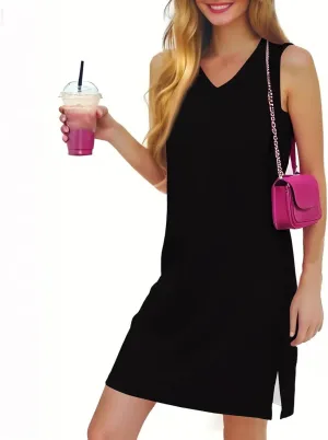Womens Dresses Summer V Neck Sleeveless Sundresses Tank Dress 2025 Vacation Casual Beach Dress with Hem Split