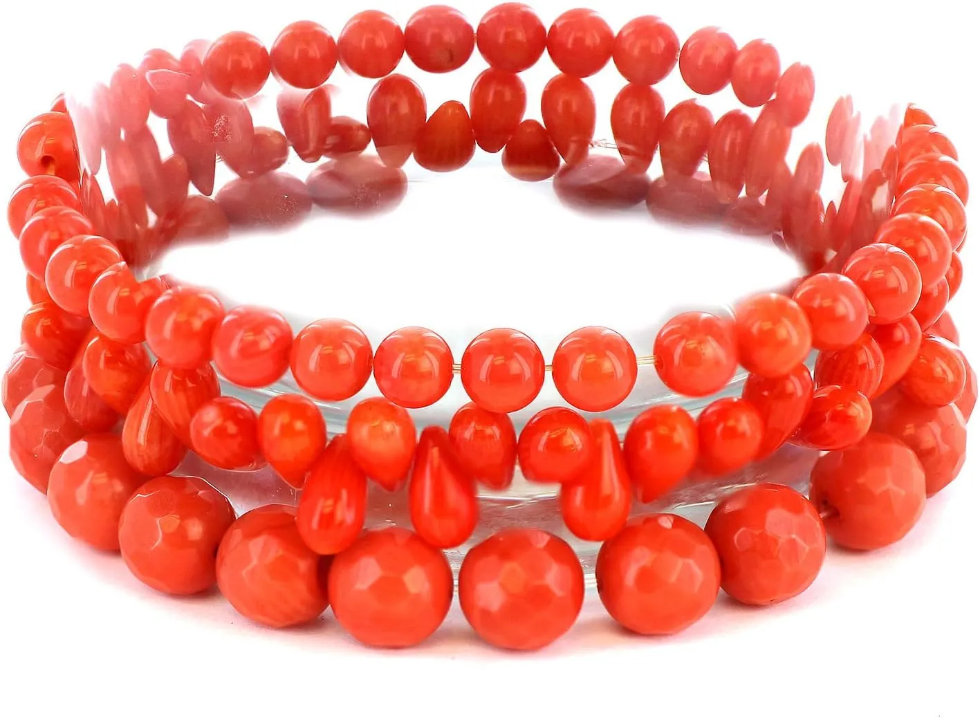 Women's Dyed Orange Coral Beaded and Multi-faceted Bracelets (Set of 3)