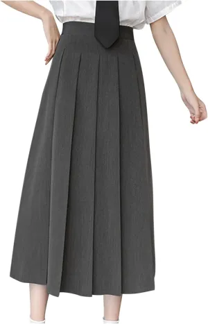 Womens Elastic High Waisted A Line Plain Midi Swing Pleated Skirts Shirring School Girl Uniform Long Skirt