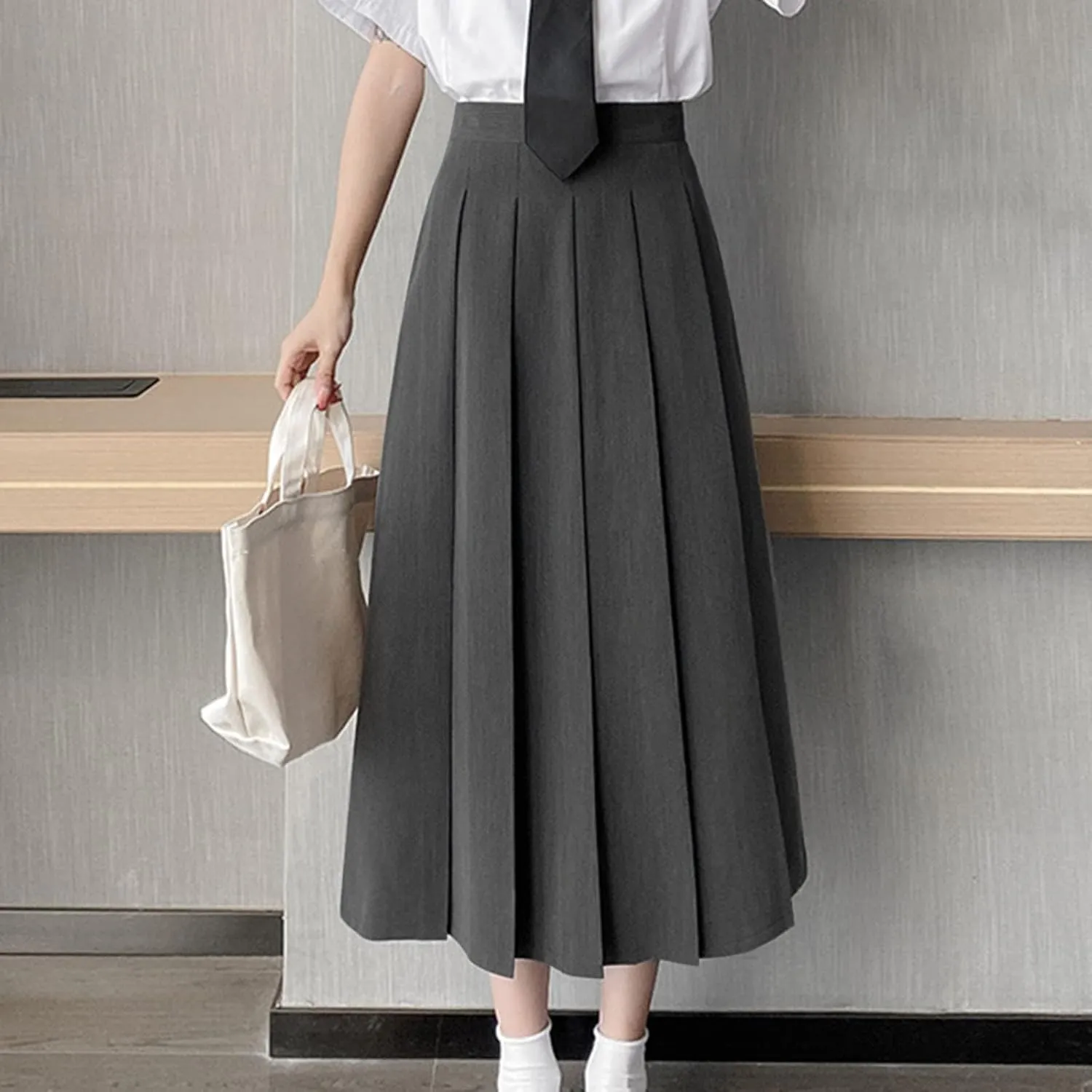 Womens Elastic High Waisted A Line Plain Midi Swing Pleated Skirts Shirring School Girl Uniform Long Skirt
