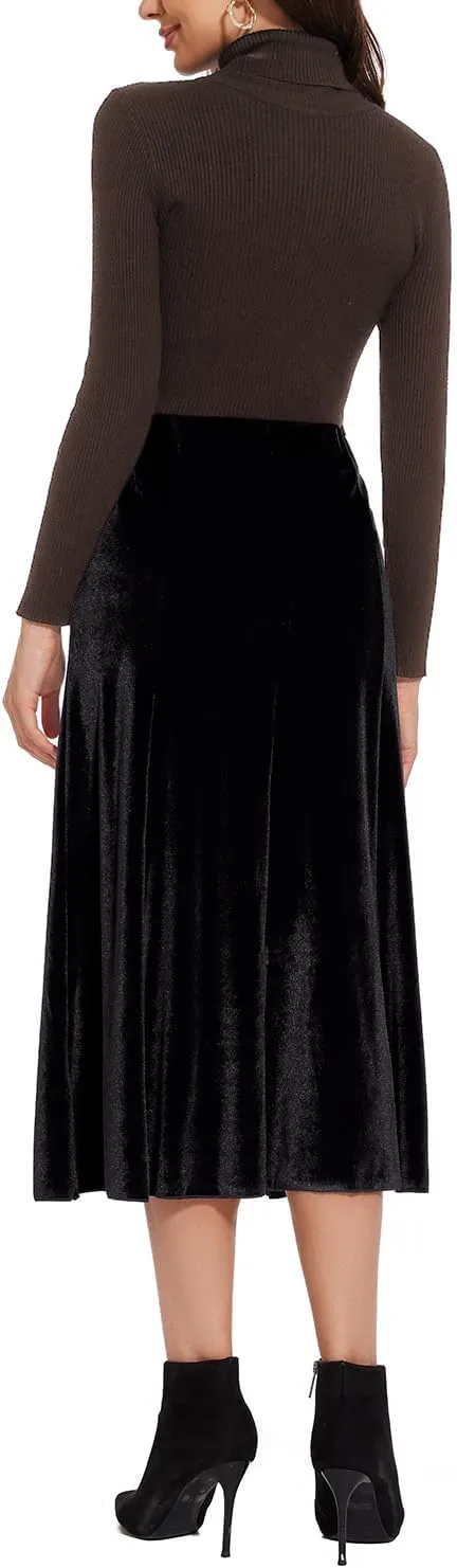 Womens Elegant Vintage Velvet Midi Skirt Flowy 8-Panel Design