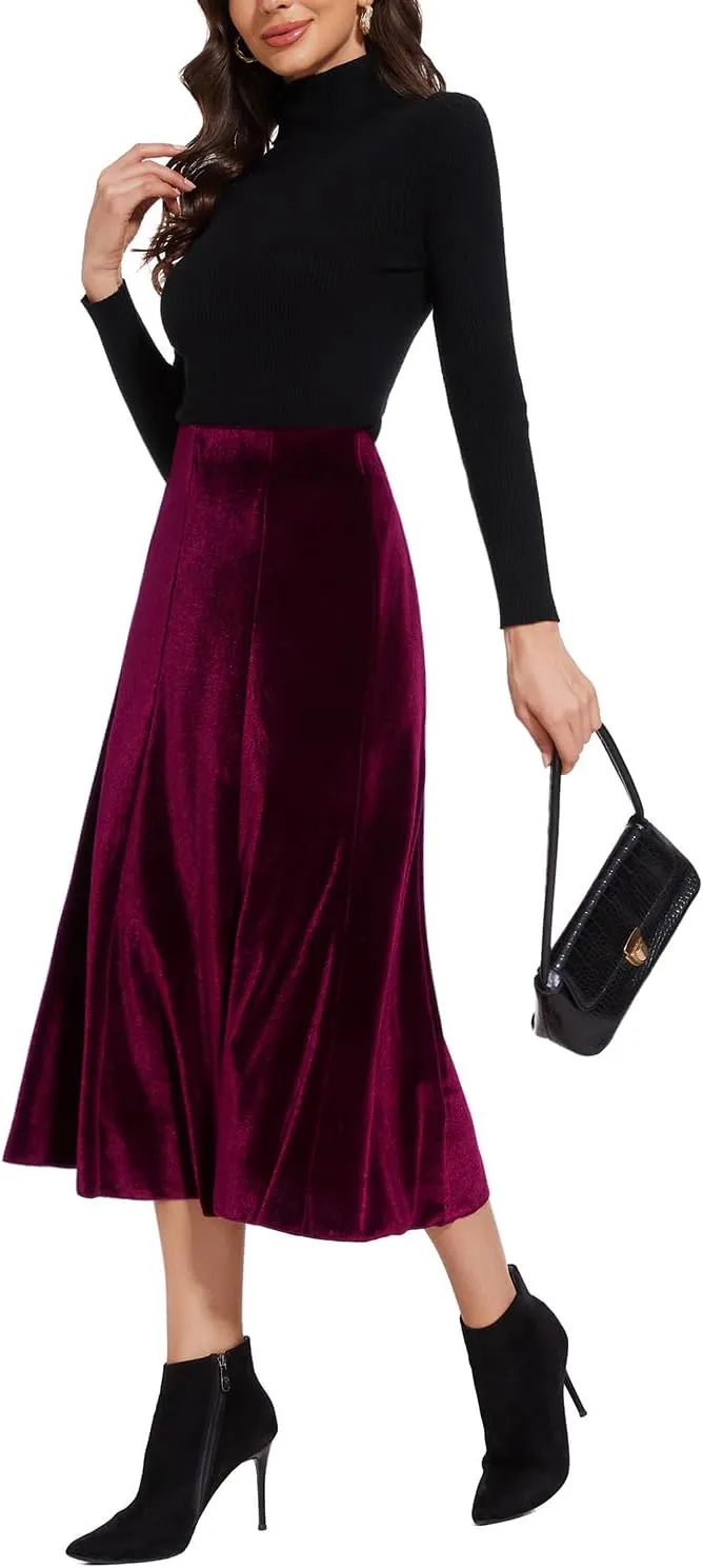Womens Elegant Vintage Velvet Midi Skirt Flowy 8-Panel Design