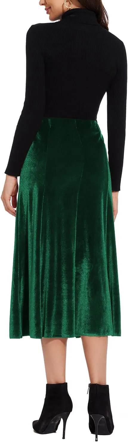 Womens Elegant Vintage Velvet Midi Skirt Flowy 8-Panel Design