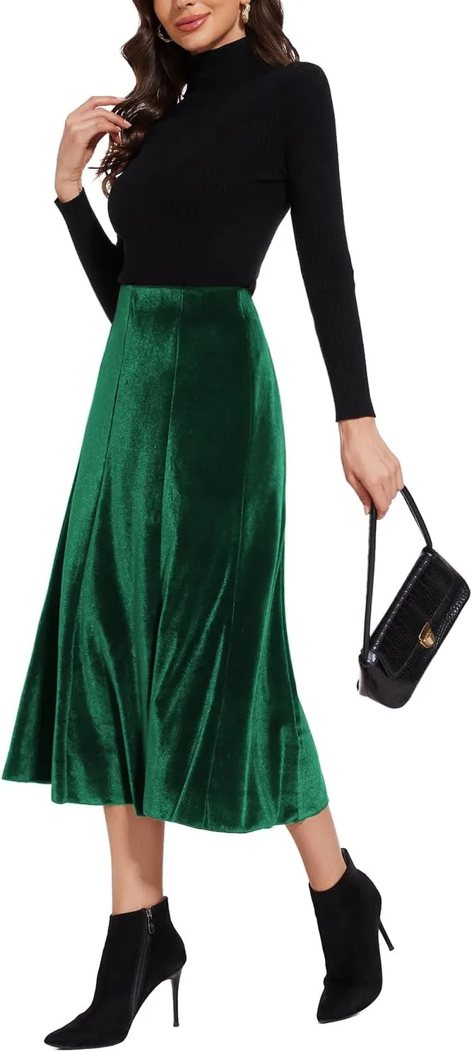 Womens Elegant Vintage Velvet Midi Skirt Flowy 8-Panel Design