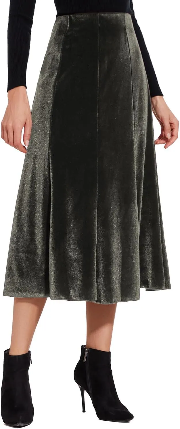 Womens Elegant Vintage Velvet Midi Skirt Flowy 8-Panel Design