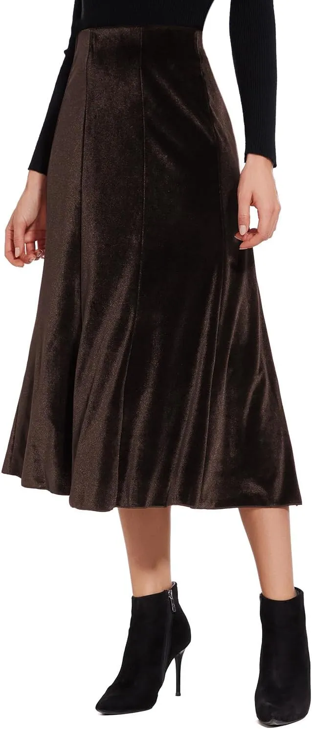 Womens Elegant Vintage Velvet Midi Skirt Flowy 8-Panel Design