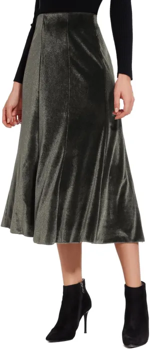 Womens Elegant Vintage Velvet Midi Skirt Flowy 8-Panel Design