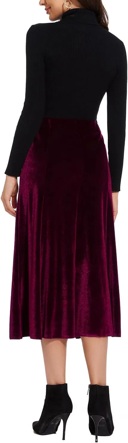 Womens Elegant Vintage Velvet Midi Skirt Flowy 8-Panel Design