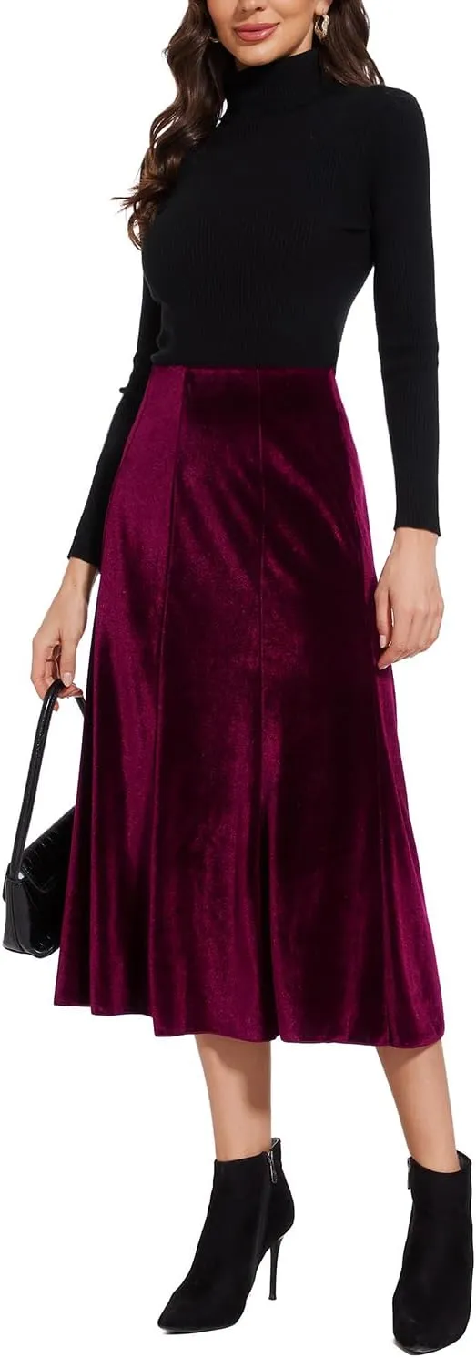 Womens Elegant Vintage Velvet Midi Skirt Flowy 8-Panel Design