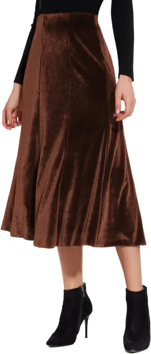 Womens Elegant Vintage Velvet Midi Skirt Flowy 8-Panel Design