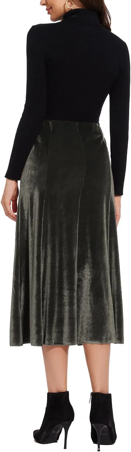 Womens Elegant Vintage Velvet Midi Skirt Flowy 8-Panel Design