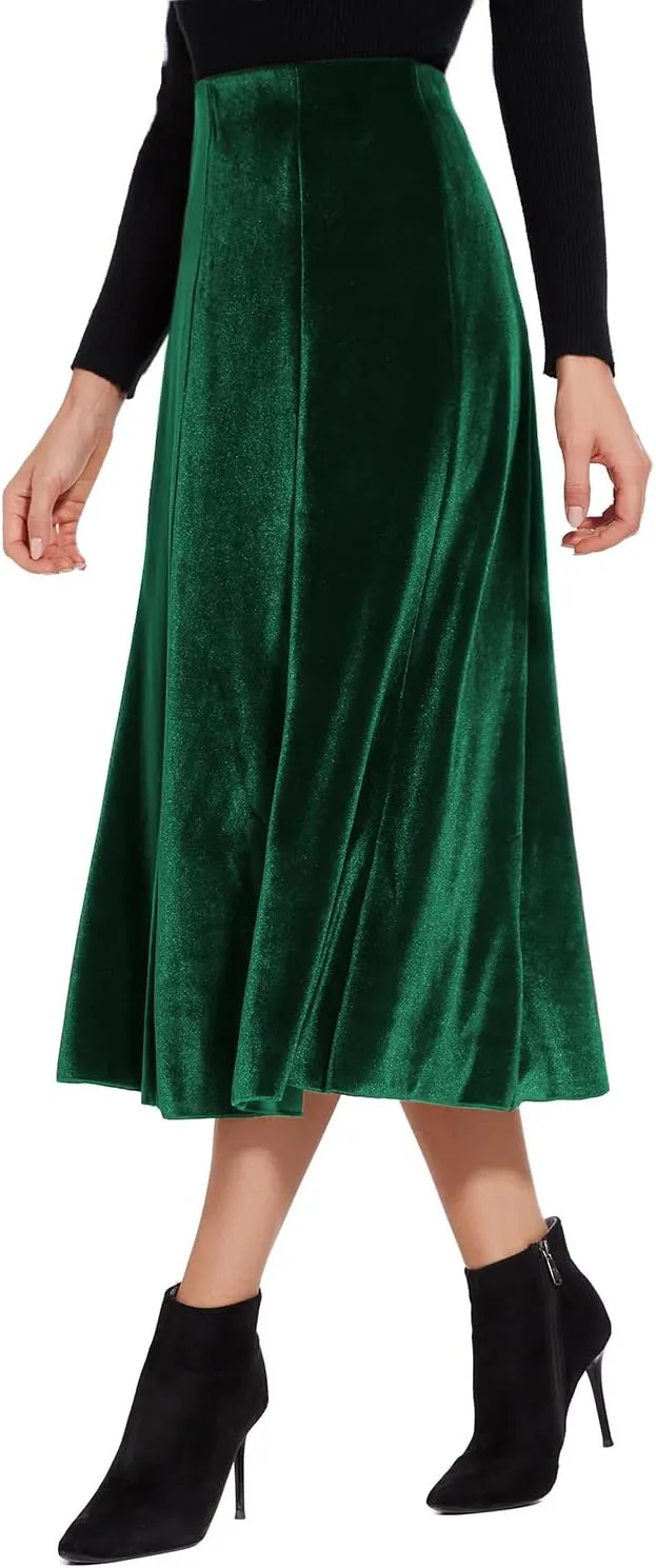 Womens Elegant Vintage Velvet Midi Skirt Flowy 8-Panel Design
