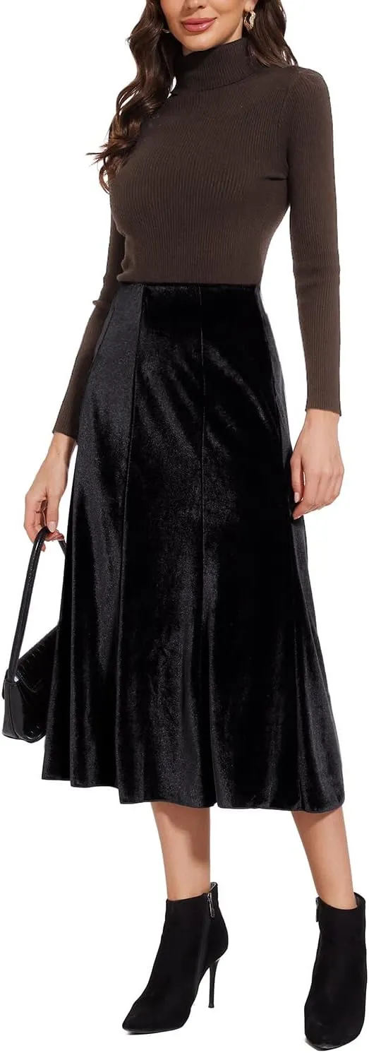 Womens Elegant Vintage Velvet Midi Skirt Flowy 8-Panel Design