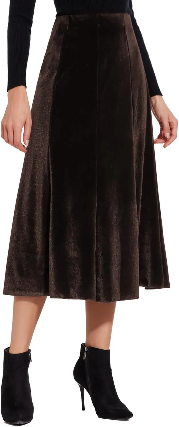 Womens Elegant Vintage Velvet Midi Skirt Flowy 8-Panel Design