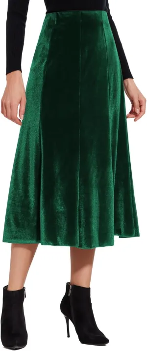 Womens Elegant Vintage Velvet Midi Skirt Flowy 8-Panel Design