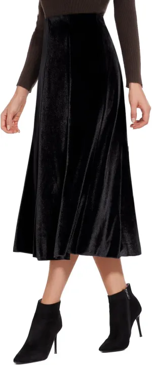 Womens Elegant Vintage Velvet Midi Skirt Flowy 8-Panel Design