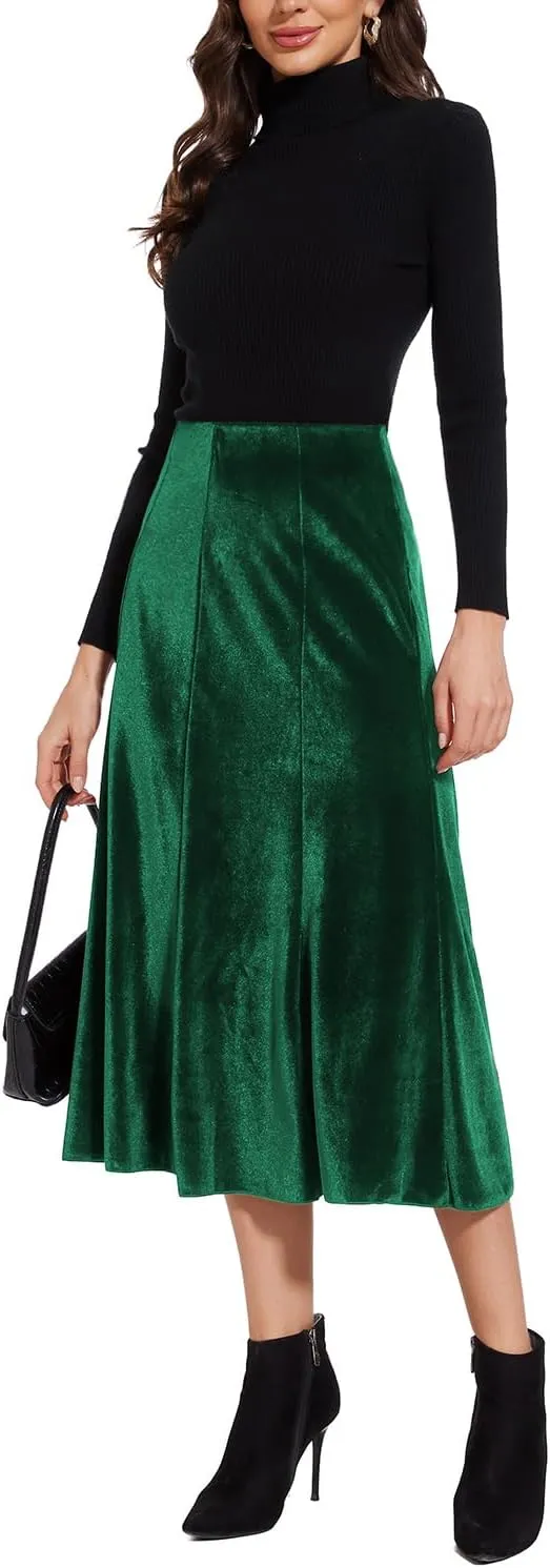 Womens Elegant Vintage Velvet Midi Skirt Flowy 8-Panel Design