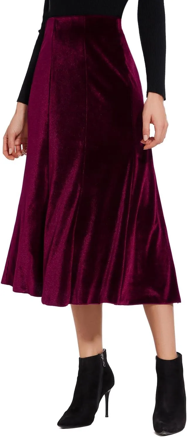 Womens Elegant Vintage Velvet Midi Skirt Flowy 8-Panel Design