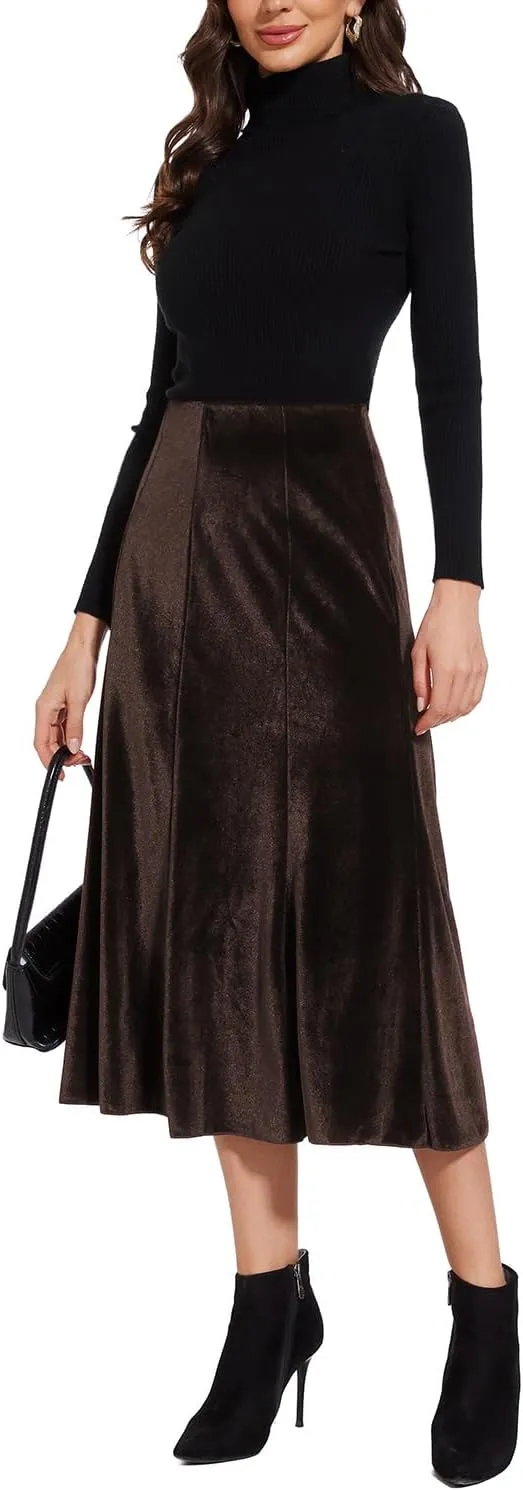Womens Elegant Vintage Velvet Midi Skirt Flowy 8-Panel Design