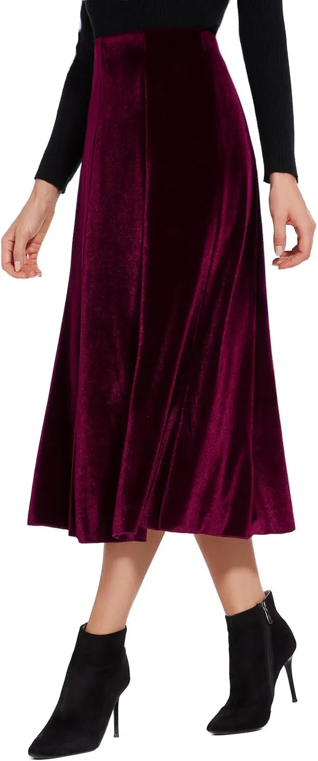 Womens Elegant Vintage Velvet Midi Skirt Flowy 8-Panel Design
