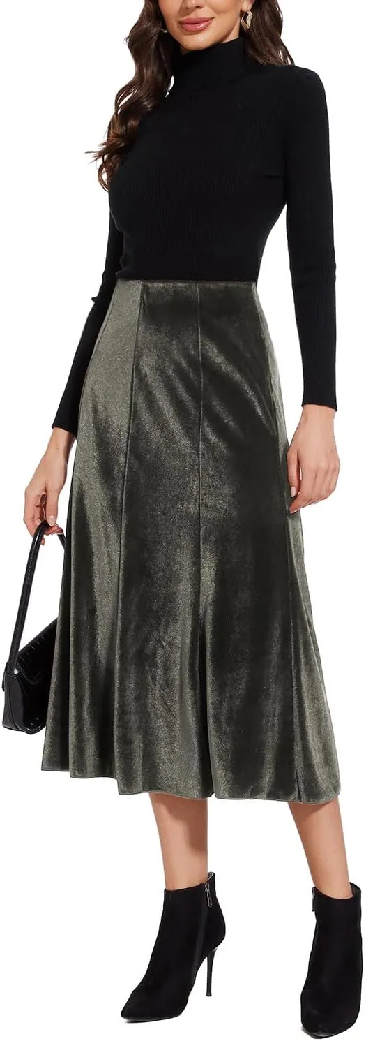 Womens Elegant Vintage Velvet Midi Skirt Flowy 8-Panel Design