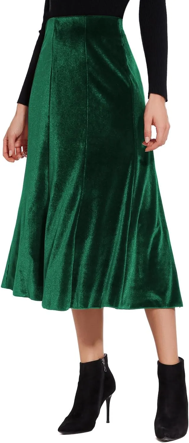 Womens Elegant Vintage Velvet Midi Skirt Flowy 8-Panel Design