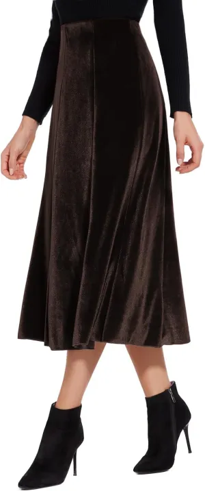 Womens Elegant Vintage Velvet Midi Skirt Flowy 8-Panel Design