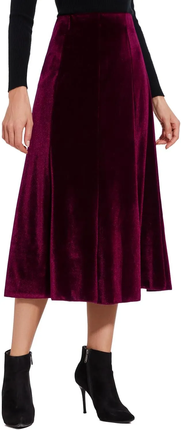 Womens Elegant Vintage Velvet Midi Skirt Flowy 8-Panel Design
