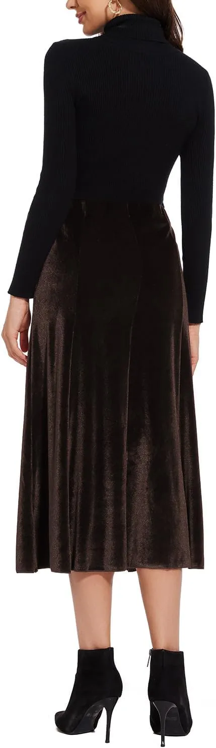 Womens Elegant Vintage Velvet Midi Skirt Flowy 8-Panel Design
