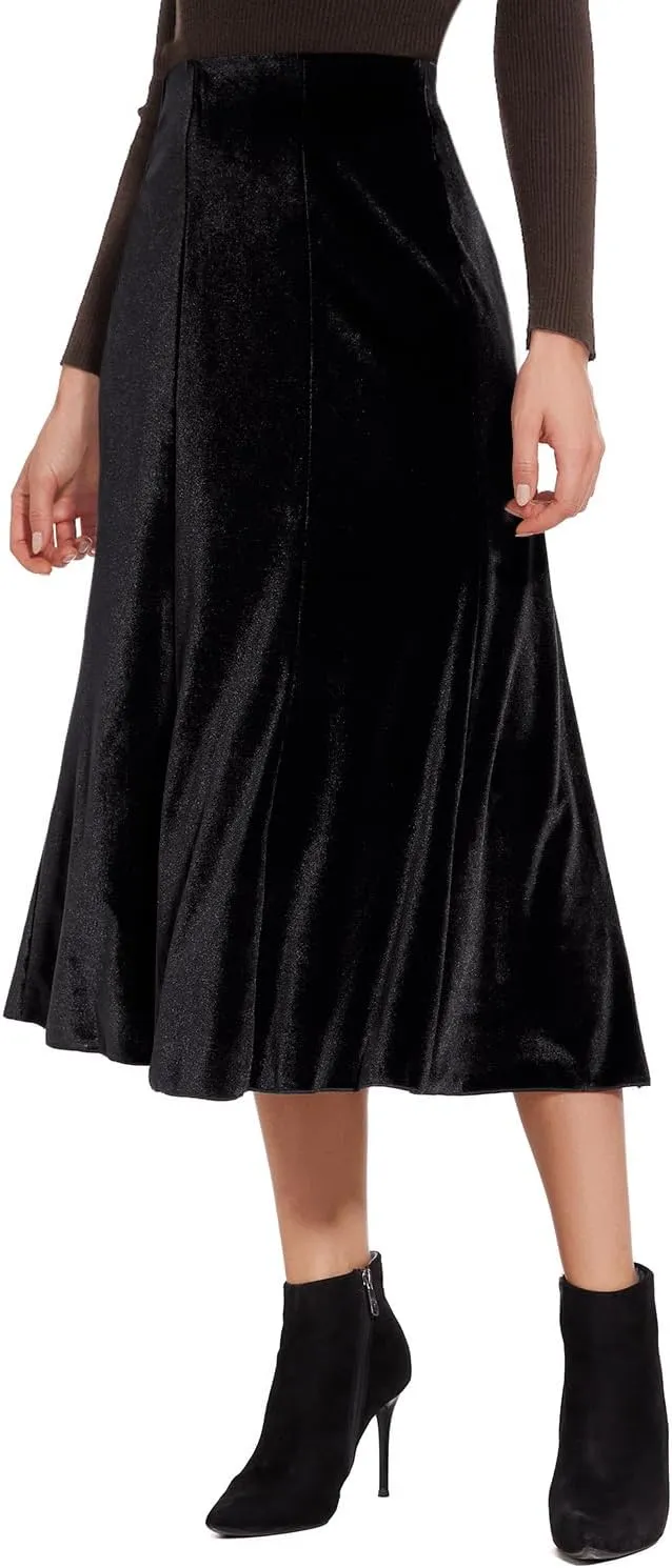 Womens Elegant Vintage Velvet Midi Skirt Flowy 8-Panel Design