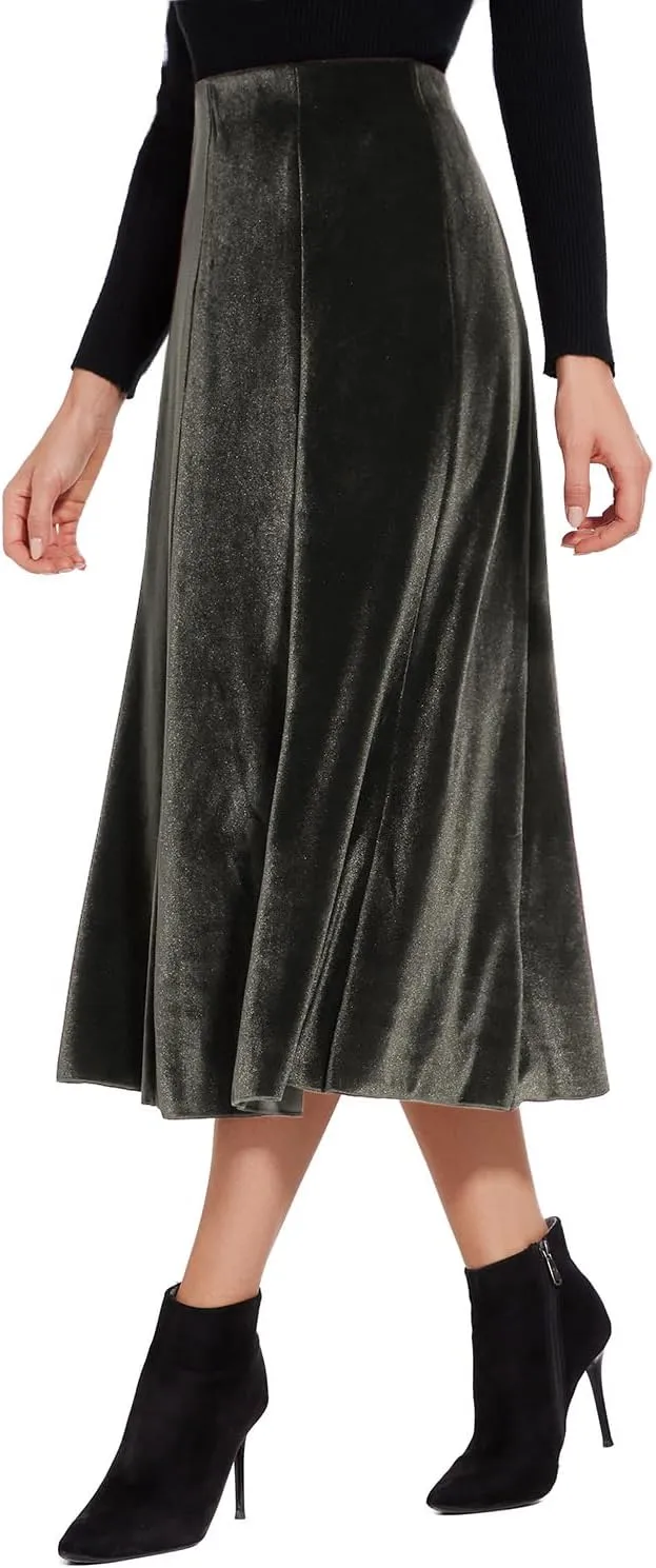 Womens Elegant Vintage Velvet Midi Skirt Flowy 8-Panel Design