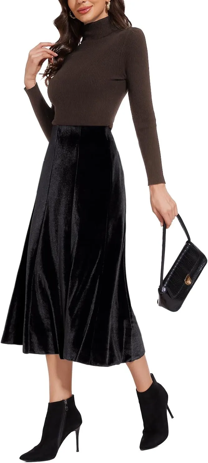 Womens Elegant Vintage Velvet Midi Skirt Flowy 8-Panel Design