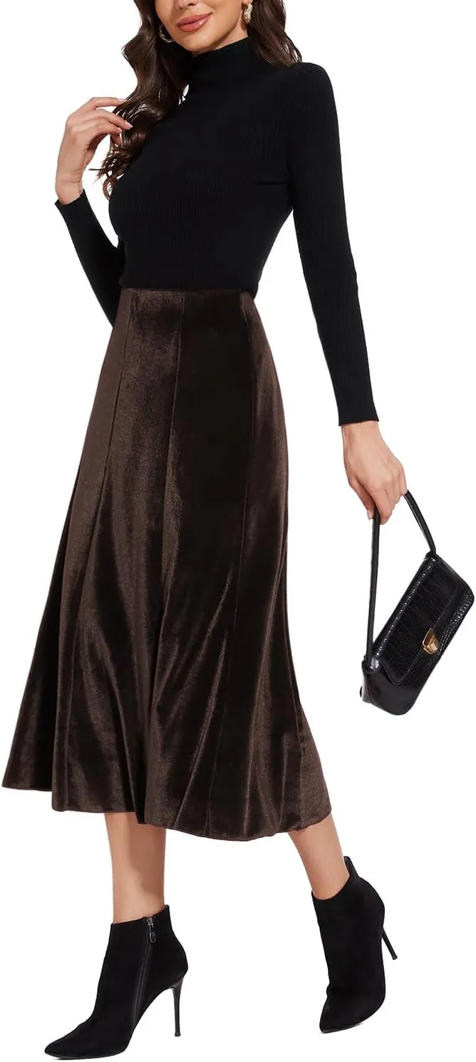 Womens Elegant Vintage Velvet Midi Skirt Flowy 8-Panel Design