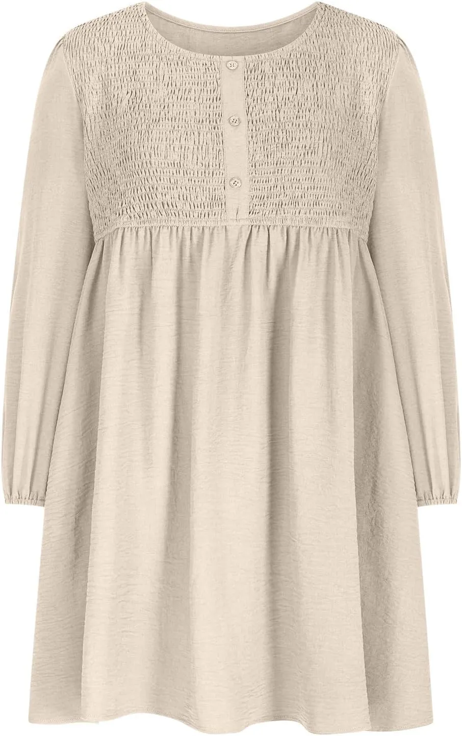 Womens Fall Fashion 2024 Dresses Causal Dressy Long Sleeve Smocked Crewneck Button Up Empire Waist A-Line Mini Dress