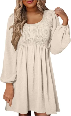 Womens Fall Fashion 2024 Dresses Causal Dressy Long Sleeve Smocked Crewneck Button Up Empire Waist A-Line Mini Dress