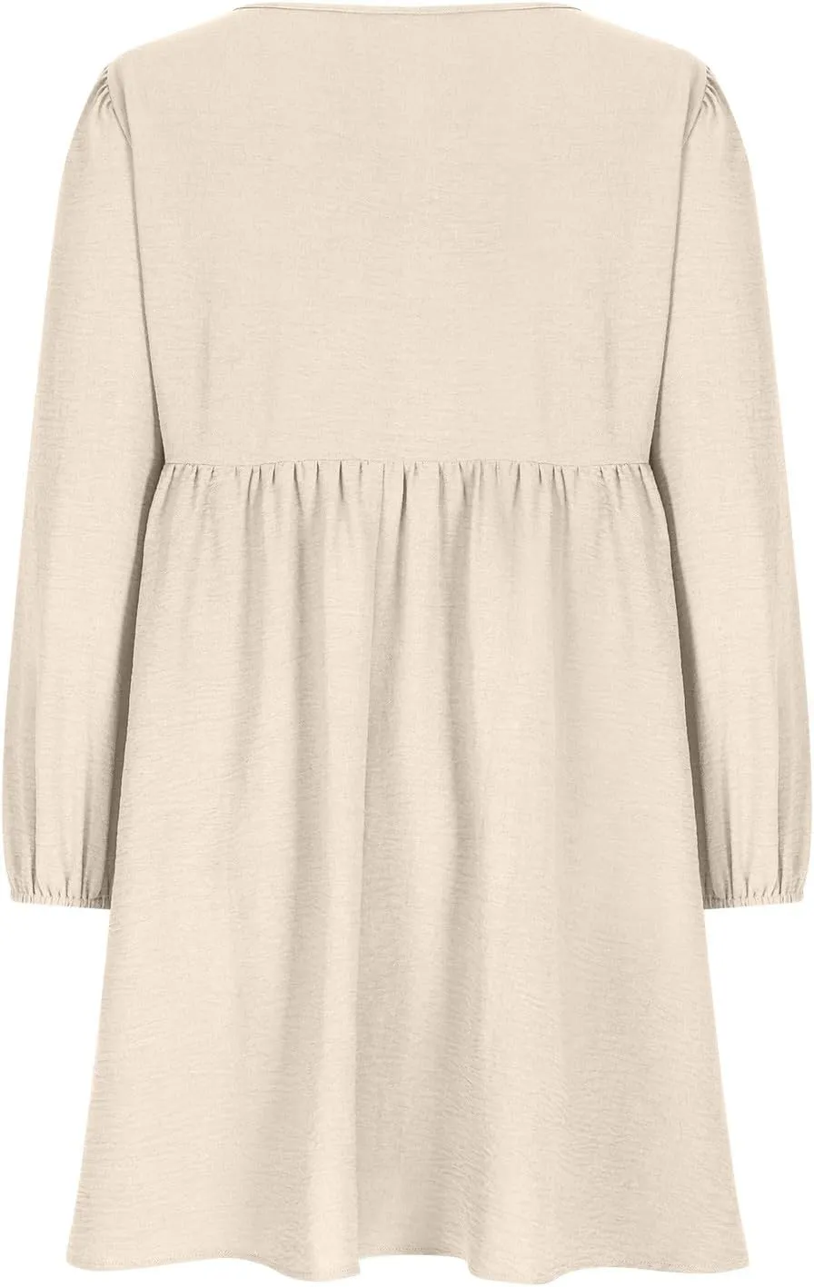 Womens Fall Fashion 2024 Dresses Causal Dressy Long Sleeve Smocked Crewneck Button Up Empire Waist A-Line Mini Dress
