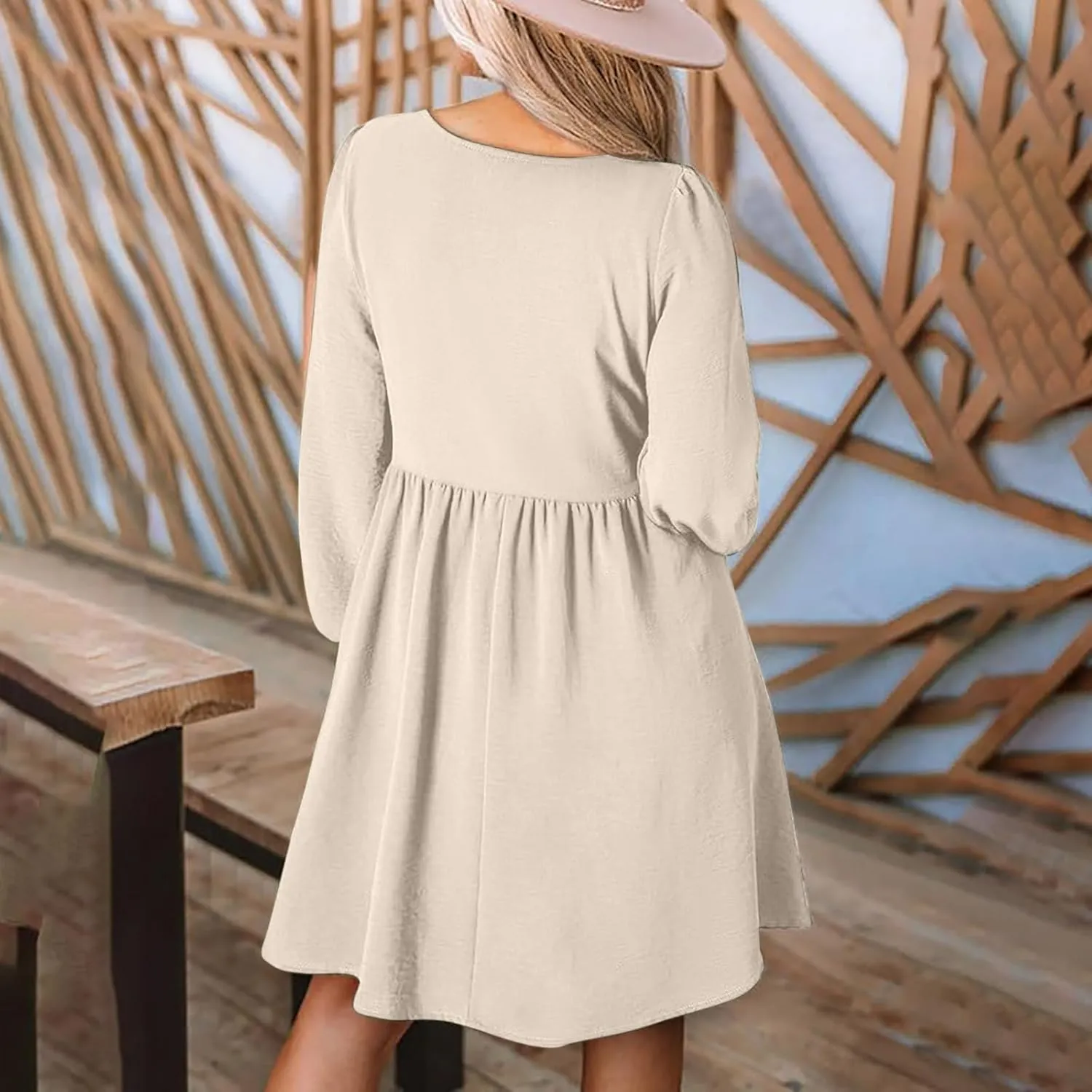 Womens Fall Fashion 2024 Dresses Causal Dressy Long Sleeve Smocked Crewneck Button Up Empire Waist A-Line Mini Dress