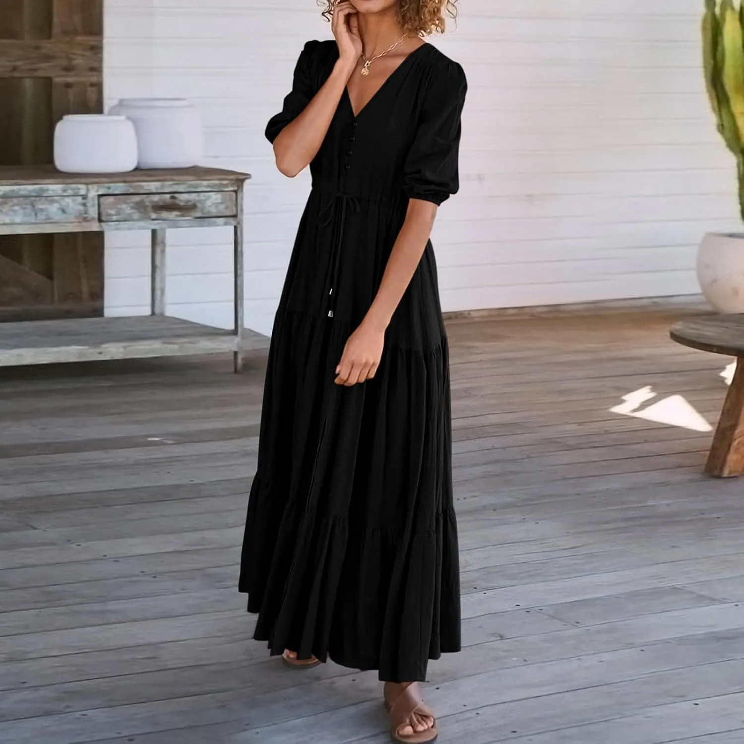 Women's Fall Maxi Dress V Neck Long Sleeve Tiered Ruffle Flowy A Line Cocktail Party Dresses