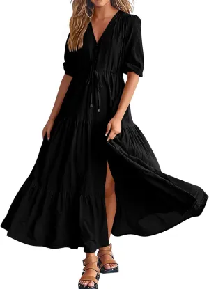 Women's Fall Maxi Dress V Neck Long Sleeve Tiered Ruffle Flowy A Line Cocktail Party Dresses