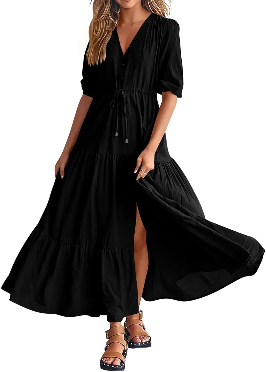 Women's Fall Maxi Dress V Neck Long Sleeve Tiered Ruffle Flowy A Line Cocktail Party Dresses