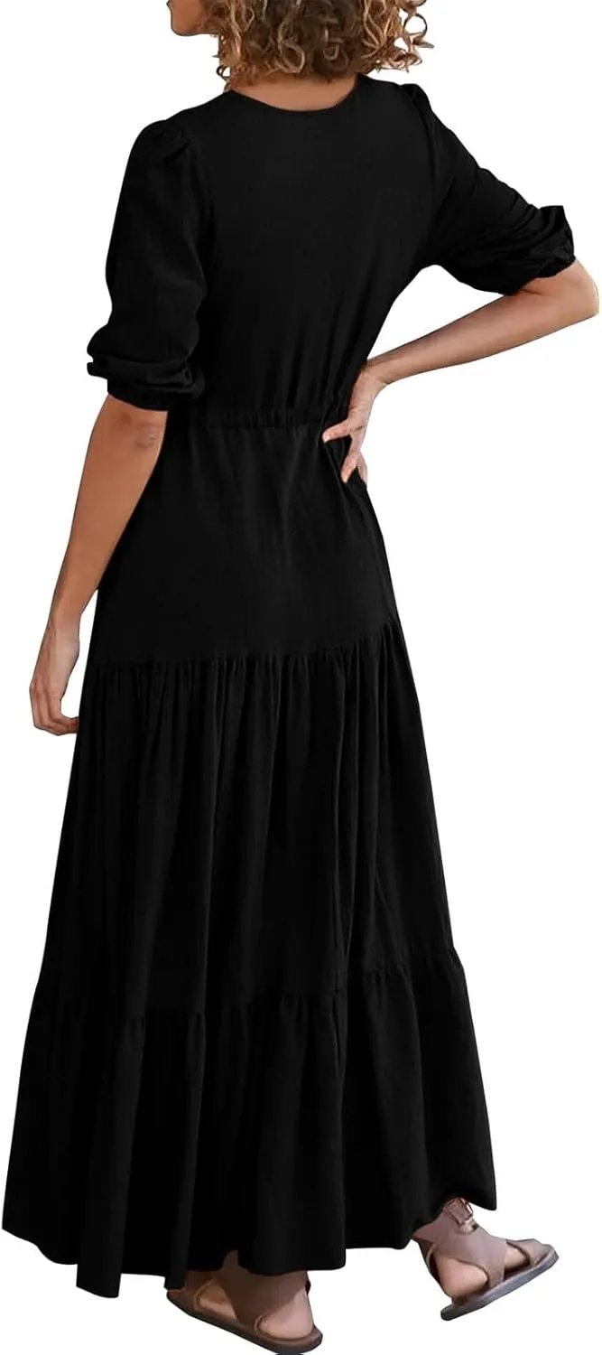 Women's Fall Maxi Dress V Neck Long Sleeve Tiered Ruffle Flowy A Line Cocktail Party Dresses