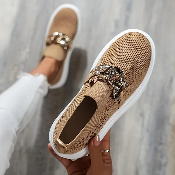 Women's Fashion Mesh Platform Loafers Slip On Metal Trim Chain Low Top, Lightweight Wedge Loafers for Nurses, Standing All Day, Orthopedic Casual Work Shoes