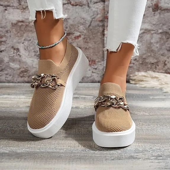 Women's Fashion Mesh Platform Loafers Slip On Metal Trim Chain Low Top, Lightweight Wedge Loafers for Nurses, Standing All Day, Orthopedic Casual Work Shoes