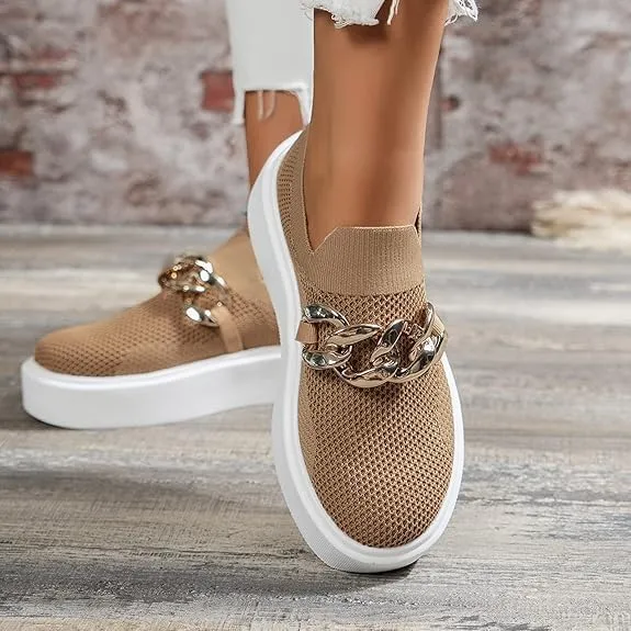 Women's Fashion Mesh Platform Loafers Slip On Metal Trim Chain Low Top, Lightweight Wedge Loafers for Nurses, Standing All Day, Orthopedic Casual Work Shoes