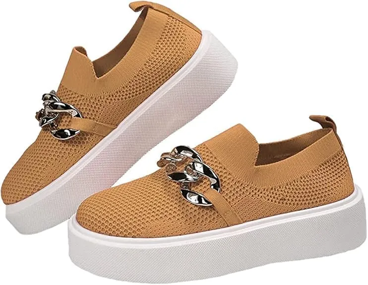 Women's Fashion Mesh Platform Loafers Slip On Metal Trim Chain Low Top, Lightweight Wedge Loafers for Nurses, Standing All Day, Orthopedic Casual Work Shoes