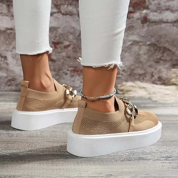Women's Fashion Mesh Platform Loafers Slip On Metal Trim Chain Low Top, Lightweight Wedge Loafers for Nurses, Standing All Day, Orthopedic Casual Work Shoes