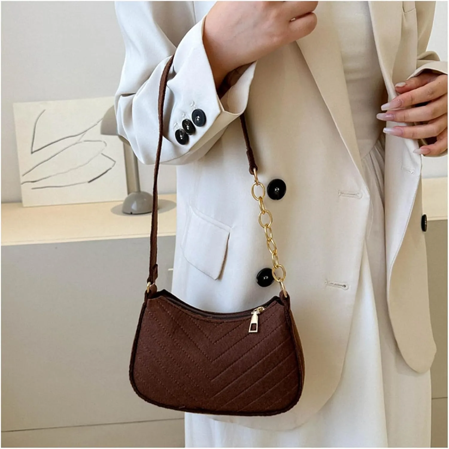 Women's Felt Fabric Top Handle Shoulder Bags Hobo Bags Clutch Purses Shoulder Bag Handbag and Purse (Black)
